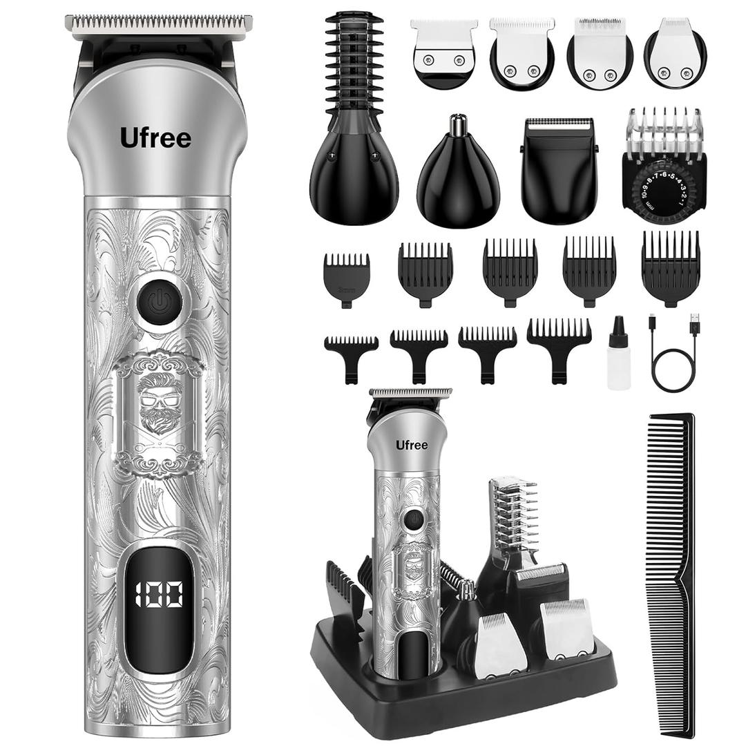 Ufree Beard Trimmer for Men, 7 in 1 Electric Shavers Razor, Cordless Hair Trimmer, Men's Grooming Kit for Body Hair, Nose, Face & Mustache, Birthday Gifts for Men, Husband Father, Silver 