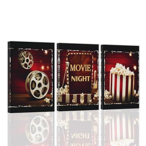 ZXHYWYM Wall Art 3 Piece Movie Sign Canvas Print Black and Red Popcorn Painting Modern Home Theater Room Media Cinema Wall Decor Frame (11"x14"x3)