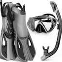 Mask Fin Snorkel Set, Snorkeling Gear for Adults with Panoramic View Mask, Dry Top Snorkel, Adjustable Swim Fins and Travel Bag, Man Woman Snorkel Gear for Swimming Snorkeling Diving (Grey)