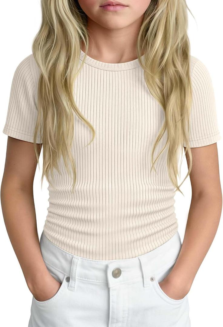 Girls Ribbed Short Sleeve T-Shirt | Crew Neck, Ribbed, Solid, Slim, Basic Layer Tops, Summer, Casual School Outfits, Trendy, Kids, Tween, Teen Youth