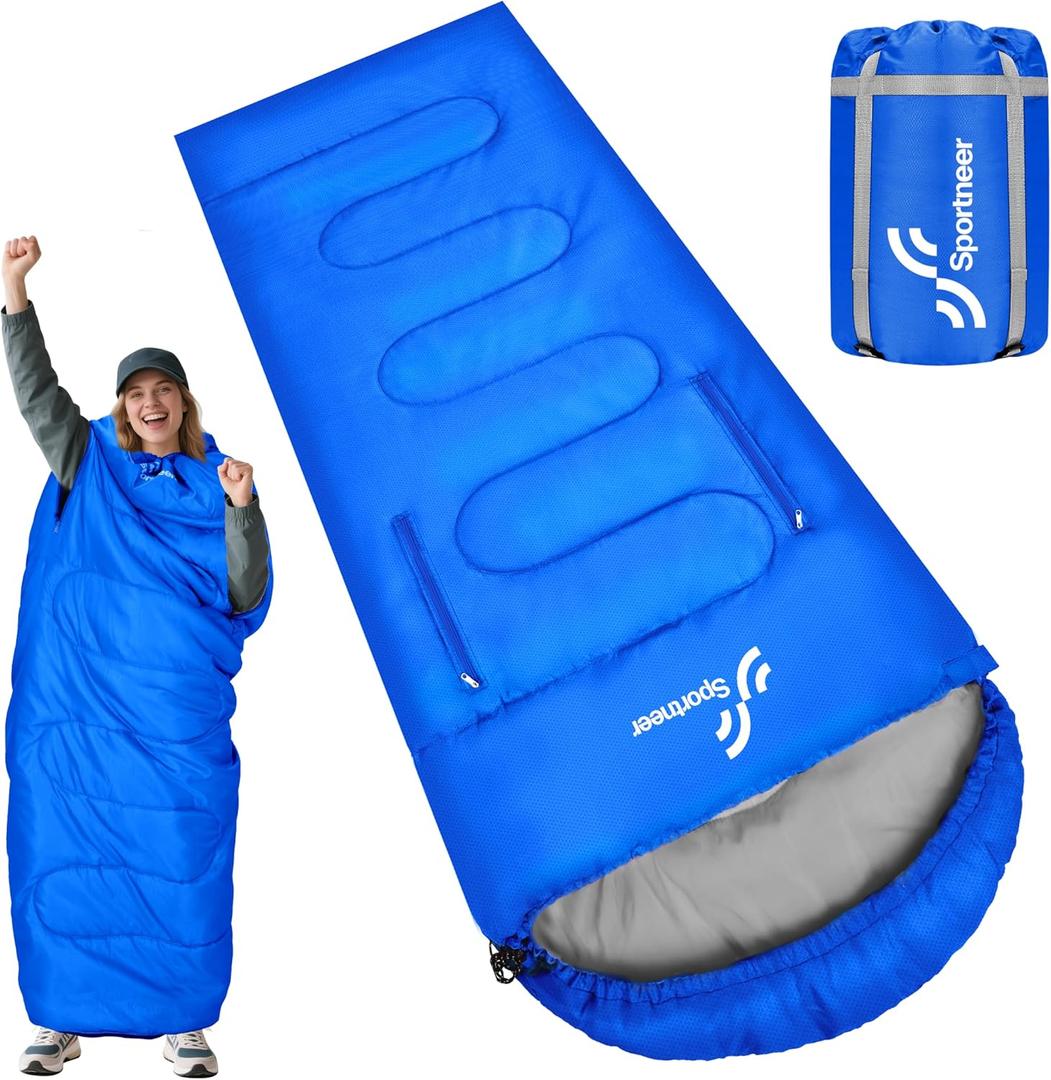 Sportneer Wearable Sleeping Bag for Adults & Kids  Walkable with Arm Zippers, Warm Weather & Cold Waterproof, Compact for Camping, Stadiums, Travel, Backpacking & Car Use (87''Long 32-65, Blue)