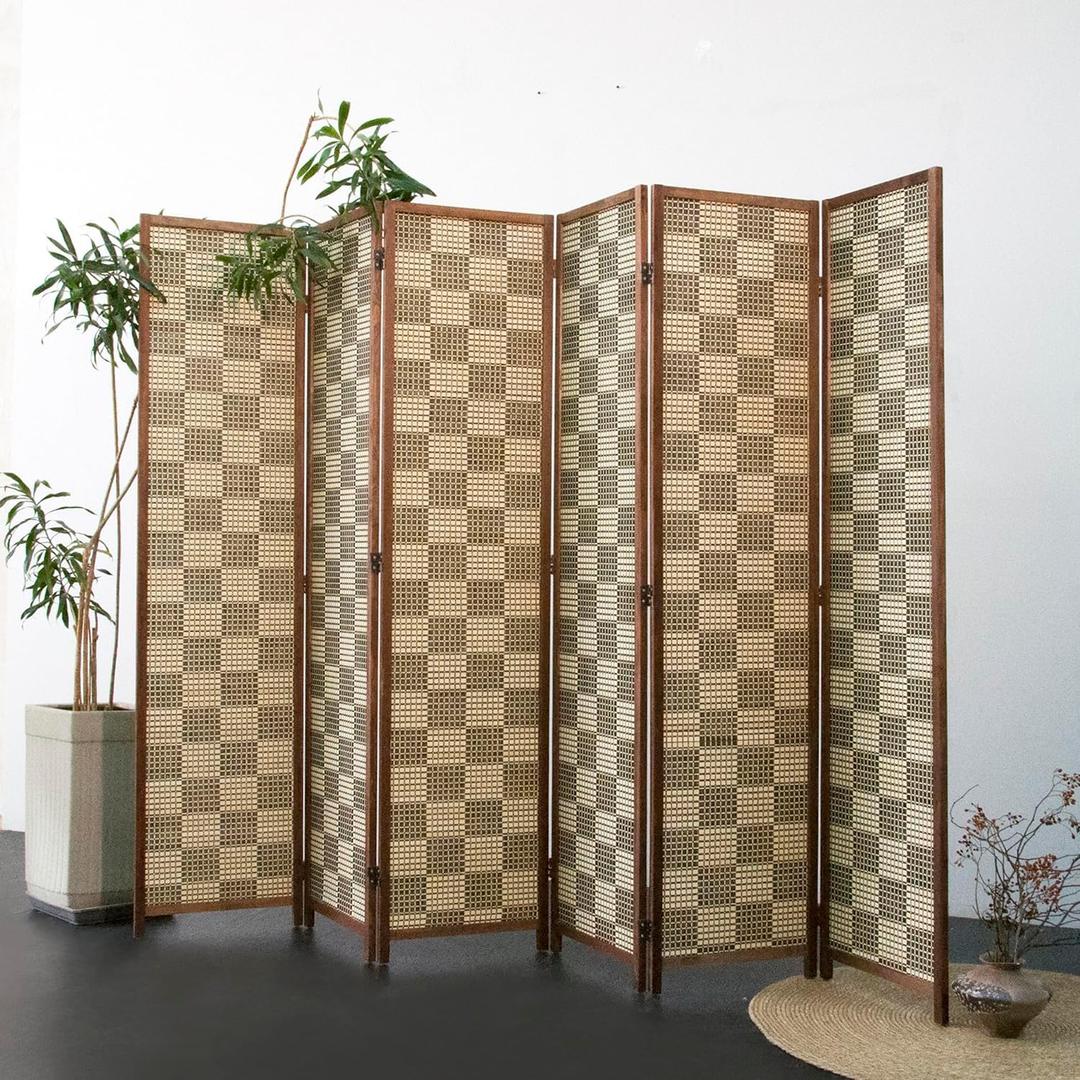 Furnnylane 6 Panel Bamboo Room Divider – 5.6 ft Tall Double-Sided Folding Privacy Screen, Freestanding Wall Partition for Home Office & Bedroom, Gray Brown Woven Texture, Easy Setup (67" H x 94.5" W)