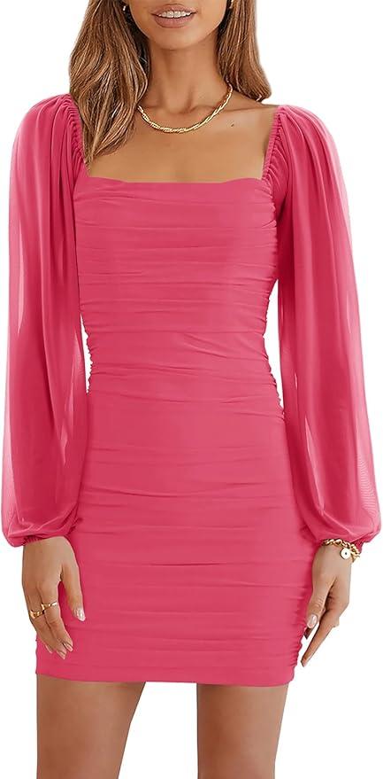 Wenrine Women's Mesh Long Sleeve Square Neck Ruched Party Club Cocktail Bodycon Mini Dress, Size 2XL