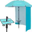 HOMEDEMO Heavy Duty High Wind Beach Umbrella with Sand Anchor,Built-in Table Tray & Tilt Pole&Hook& Curtain, UPF 50+ Windproof Portable Beach Umbrella for Patio Garden Pool Backyard (7FT, Trkiye Blue)