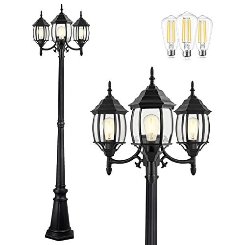 PARTPHONER Outdoor Lamp Post Light 3-Head, Classic Black with Clear Glass Panels, E26 Base Maximum 100W (3 LED Bulbs Included), Waterproof Street Light for Backyard, Garden, Driveway Glasses damaged