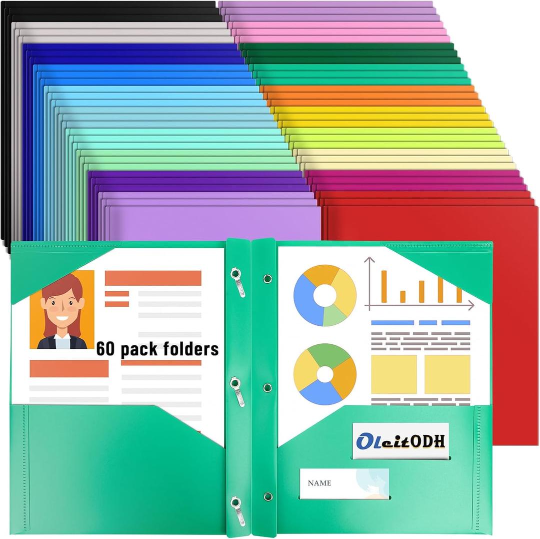 60 Pack Plastic Folders with 3 Prongs Fasteners, 20 Colors 2 Pockets Folders with Brads & Business Card Holder for Letter Size Paper, Heavy Duty Folder for School Home Office and Business