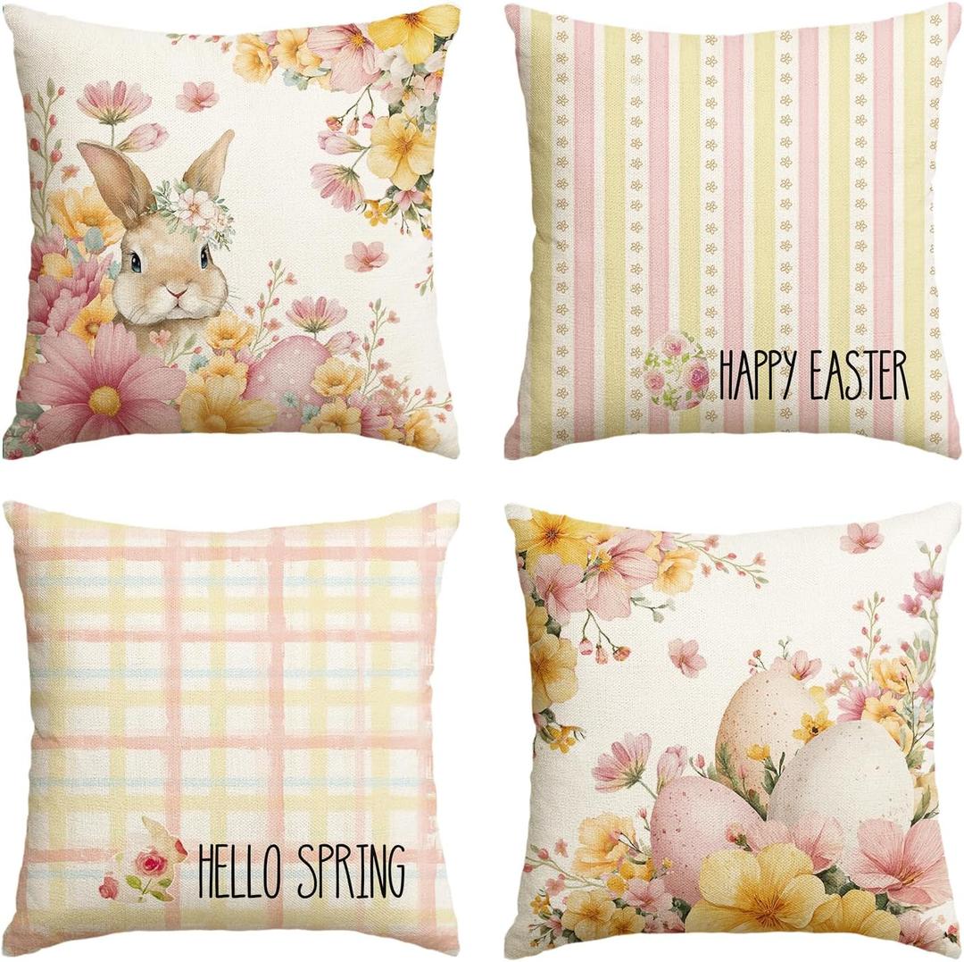 2 x AVOIN colorlife Happy Easter Eggs Bunny Plaid Throw Pillow Covers, 18 x 18 Inch Hello Spring Floral Cushion Case Decoration for Sofa Couch Set of 4