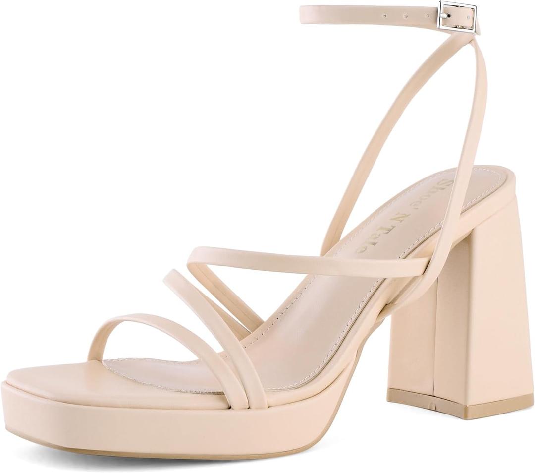 Shoe'N Tale Platform Heels for Women Strappy Block Chunky Heels Square Toe Ankle Buckle Sandals (9, Light Nude)