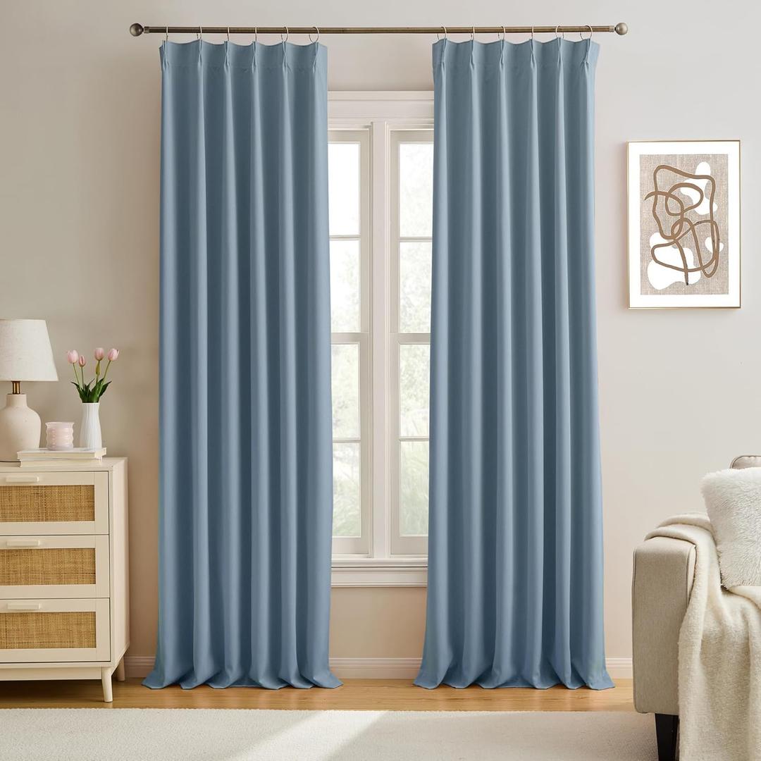 KEQIAOSUOCAI Dusty Blue Pinch Pleated Curtains 132 Inches Long Room Darkening Draperies Luxury Decor for Living Room Nursery (Stone Slate Blue 40x132 Inch 2 Panels)
