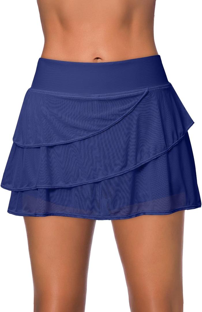 Aleumdr Women's Waistband Layered Swimdress Ruffle Swim Skirt Swimsuit Bottom (X-Large, Blue)