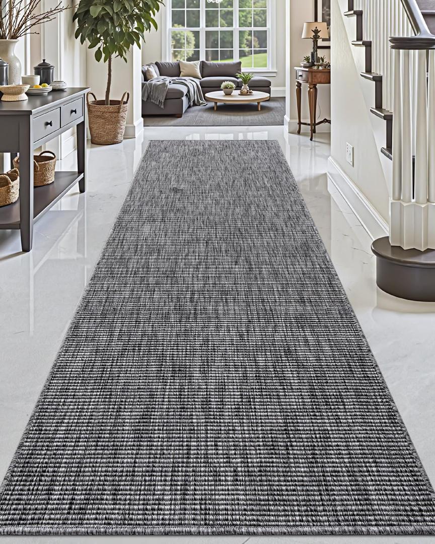 DEXI Hallway Runner Rug 3.3x8, Woven Braided Farmhouse Runner Carpet Indoor, Absorbent Thin Long Entryway Runners for Kitchen, Laundry Room, Patio Entrance, Dark Grey