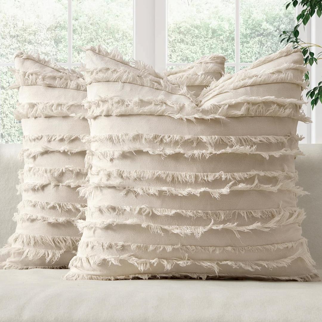 MIULEE Decorative Boho Throw Pillow Covers Set of 2 Spring Neutral Beige Linen Striped Jacquard Pattern Modern Cushion Covers for Sofa Couch Living Room Bedroom 20x20 Inch Home Decor