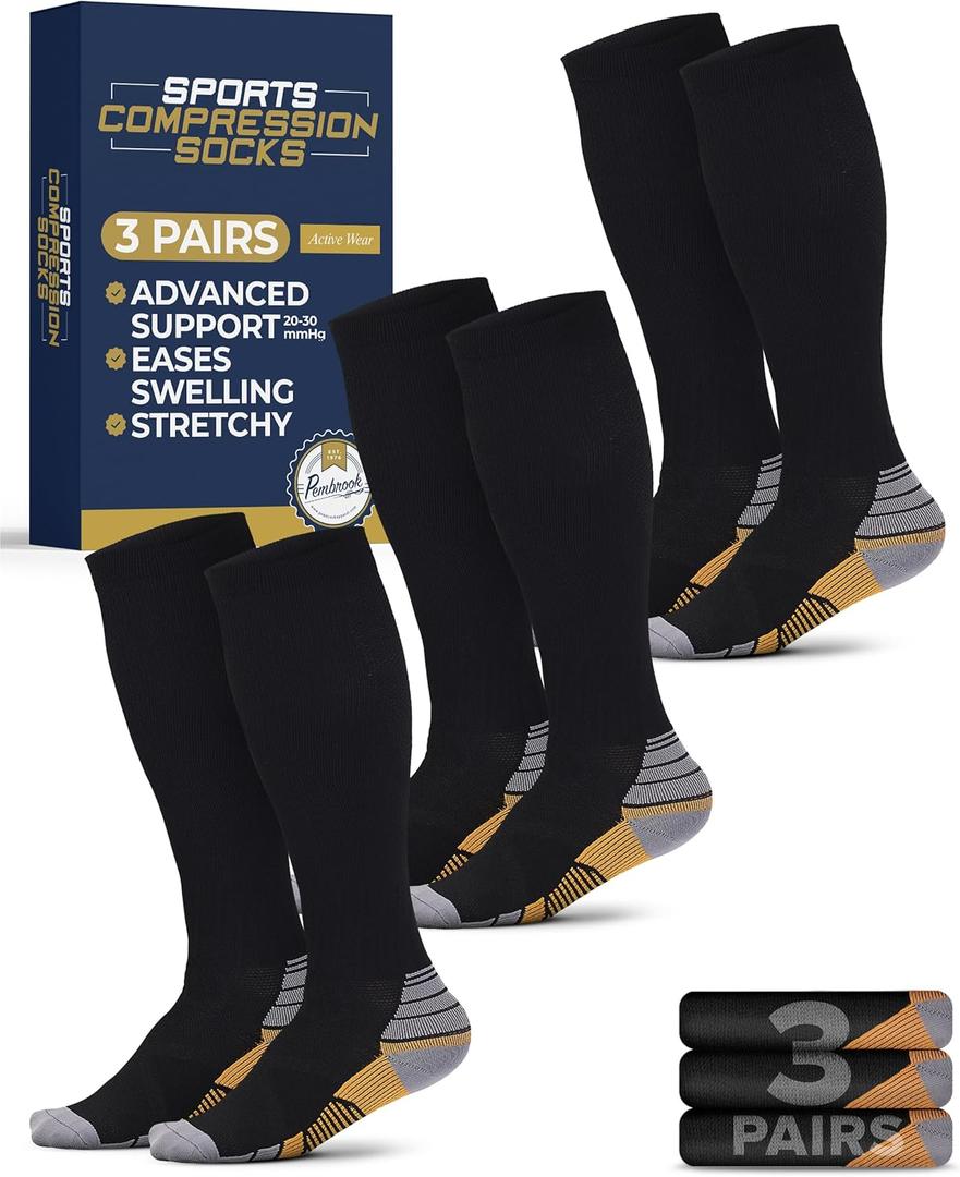 Pembrook 3 Pairs Compression Socks 20-30 mmHg - Compression Socks for Women and Men | Running, Athletic, Travel, Nurses, Large