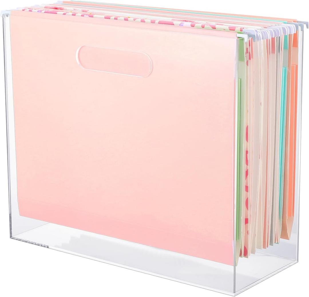 Hanging File Organizer Box, Acrylic File Folder Organizer for Letter Size Folders Portable File Holder Box with Handles Desk Hanging Folder Organizer File Crate Clear 12.2 x 10.24 x 4.92''