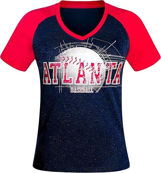 Womens City Baseball Fans Vintage Glitter Sporty V-Neck Tee Shirts - Navy & Red M