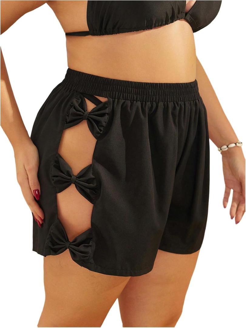 Floerns Women's Plus Size Bow Cut Out Beach Shorts Elastic High Waist Swimsuit Bottom (Black, XL)