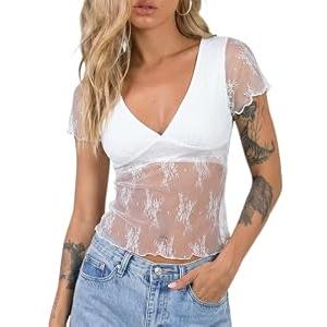 CSDAJIO Women's Deep V Neck Lace Top Short Sleeve Sexy See Through Top Tie Back Fitted T Shirt White Large