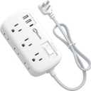 Short Extension Cord 2 Foot - Flat Plug Small Power Strip Surge Protetor with 6 Outlets 3 USB (5V/3.4A 17W) Charging Ports, Multi Plug Wall Outlet Splitter for Home Office Dorm Roomc, White