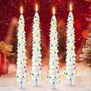 4 Pack 10 Inch Christmas Tree Candles, Premium Natural Unscented Beeswax Christmas Tree Shaped Taper Candles with Cotton Wick, for Xmas Holiday Decor Party Banquet (White with Multicolor Trim)