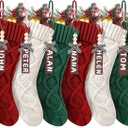 Set of 6 Personalized Christmas Stockings with Wooden Name Tags, 18" Xmas Cable Knitted Stocking  Holiday Hanging Decor Gifts for Family Party (White, Red, Green)