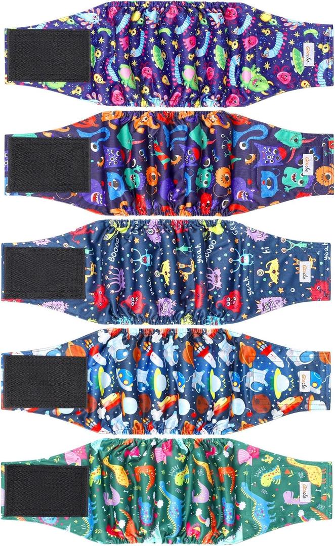 5 Pack Dog Diapers Male Reusable, Premium Belly Bands for Dogs, High Absorbing Male Dog Pee Wraps for Doggie in Incontinence or Excitable Urination and Training Cartoon M