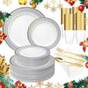 MENDENG 350pcs Plastic Plates for Party Plates Disposable Heavy Duty Platos Desechables Elegantes for Wedding Reception Thanksgiving Christmas Plates and Cups and Napkins and Gold Cutlery Sets