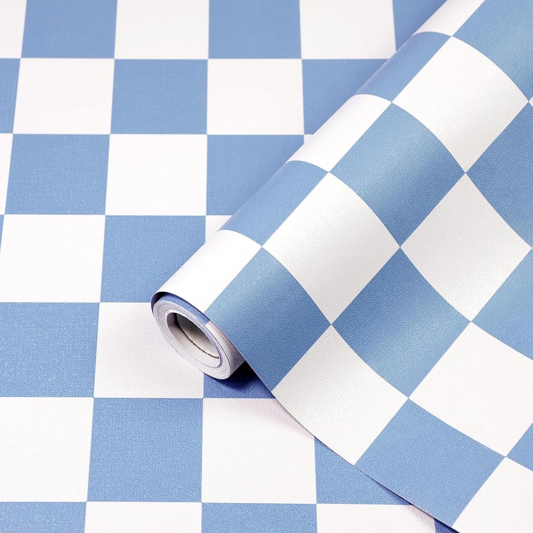Amiya Checkered Wallpaper Peel and Stick Blue Checkerboard Contact Paper Modern Self Adhesive Vinyl Removable Wall Paper Mosaic for Shelf Liner,Classroom,Cabinets,Living Room 17.3”X120”