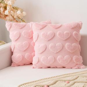 UGASA Valentines Day Pillow Covers 18x18 Inch Set of 2 Cute Heart Pattern Plush Jacquard Romantic Love Decorative Throw Pillow Pillowcases for Lover Girls Wedding Sofa Living Room Bed, Light Pink