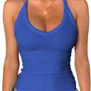 Jar of Love Women's Workout Tank Top with Built-in Shelf Bra-V-Neck Racerback Ribbed Cami for Gym, Yoga, Running (Blue, S)