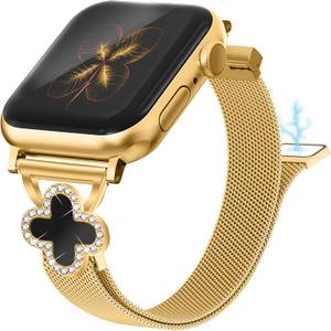 Joyozy Slim Metal Band Compatible with Apple Watch Band 38mm 40mm 41mm 42mm 44mm 45mm 46mm 49mm Skinny Magnetic Strap with Bling Charms, Cute Stainless Steel Band, Dressy Thin iWatch Bracelet for Women (Gold)