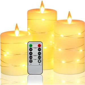 Da by Flameless Candles with String LightsBattery Operated Candles,LED Flickering Candles with Remote Control and Timer, Real Wax, 3 Pack-Ivory (Outdoor plastic candles)