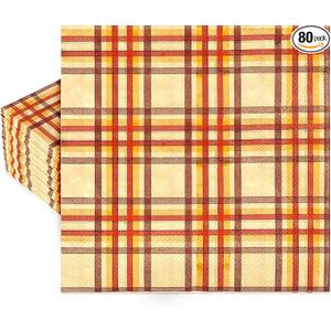 Whaline 80 Counts Checkered Fall Paper Napkins Plaid Disposable Napkins Watercolor Decorative Luncheon Dinner Table Napkins for Autumn Harvest Thanksgiving Party Supplies