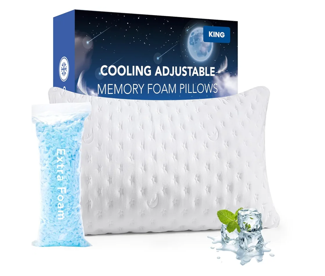 Cooling Side Sleeper Pillow for Adults, Firm Bed Pillow for Side Sleepers Neck and Shoulder Pain, Luxury Shredded Memory Foam Pillow Set of 1- Adjustable King Size- Washable Cover Original White