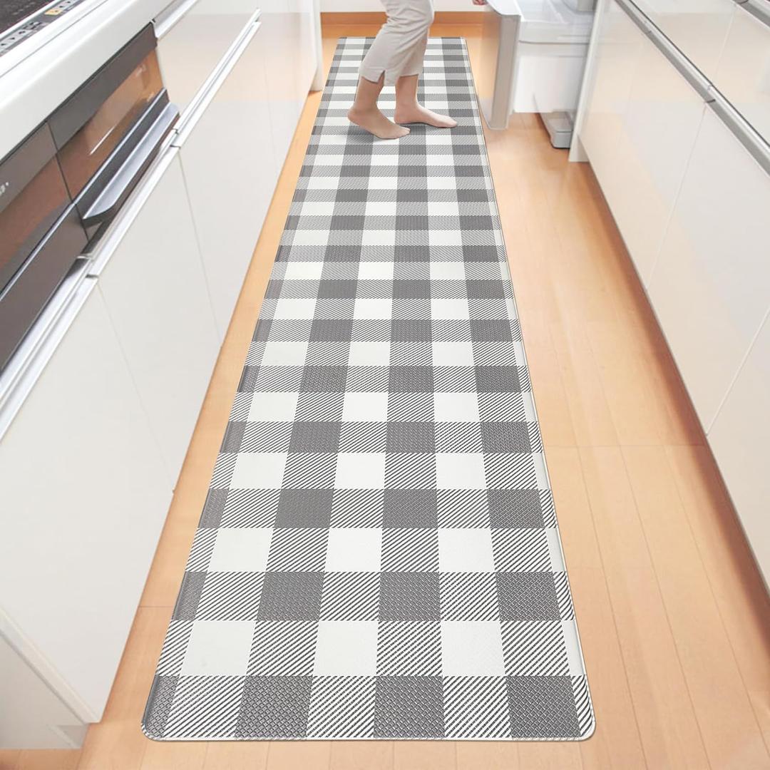 Long Kitchen Runner Rug - Cushioned Anti-Fatigue Floor Mat 17.3x94 Inches, Grey White Buffalo Plaid, Waterproof Non-Slip Comfort Mat for Kitchen, Office, Laundry Room