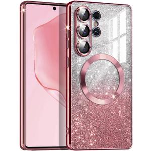 Casetego for Galaxy S25 Ultra 5G Case,Compatible with MagSafe,Clear Magnetic Glitter Gradient Sparkle Luxury Plated Soft TPU Bumper Full Camera Lens Protector for Samsung Galaxy S25 Ultra 5G,Rose Gold