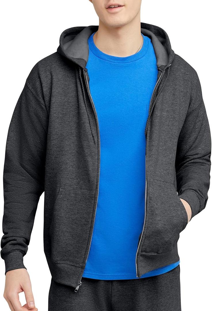 Hanes mens Zip-up Hoodie, Ecosmart Fleece Full-zip Hoodie for Men, Hooded Sweatshirt (Large, Charcoal Heather)