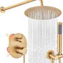 Brushed Gold Shower Faucet Set, Bathroom Rainfall Shower System Fixture 10 Inch High Pressure Round Rain Shower Head with Handheld Sprayer Combo Wall Mount with cUPC Certified Rough-in Valve