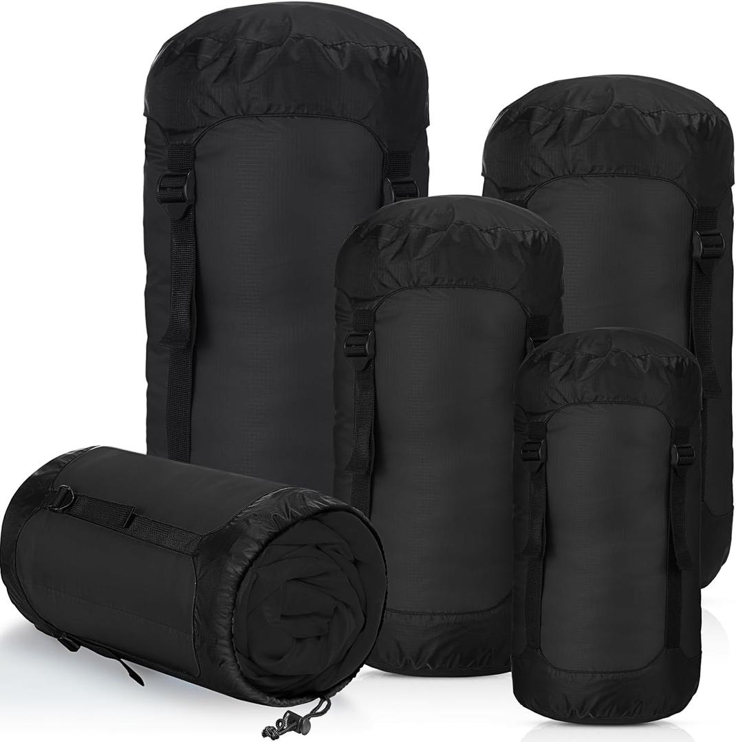 5 Pcs Compression Sacks for Backpacking 5L/10L/15L/20L/35L Camping Sleeping Bag Stuff Sack Water Resistant Sleeping Bag Storage Sack for Space Saving Hiking Gear (Black)