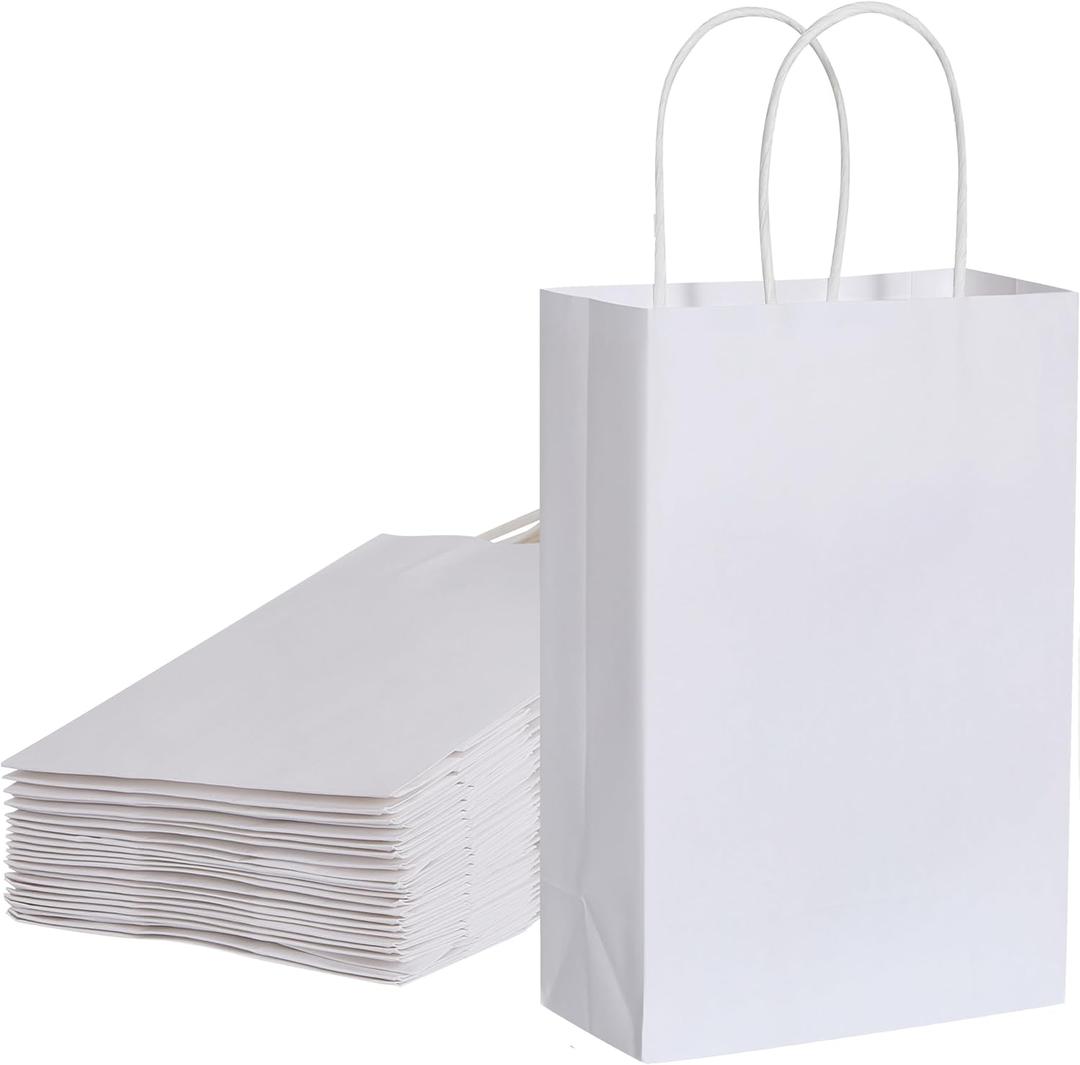 SUNCOLOR White Gift Bags, 24 Pack Small Kraft Paper Bags, 7.9 x 5.12 x 3.15 Inches, with Handles for Party Favors, Retail, Wedding, Valentine's Day, Birthday Treats
