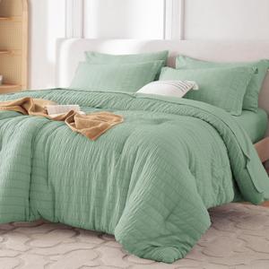 MUXHOMO 7 Pieces Full Comforter Set, Seersucker Bed in a Bag Full Size, All Season Luxury Bedding Set with Comforter, Flat Sheet, Fitted Sheet, Pillowcases & Shams, Sage Green (Full (82"x86"))