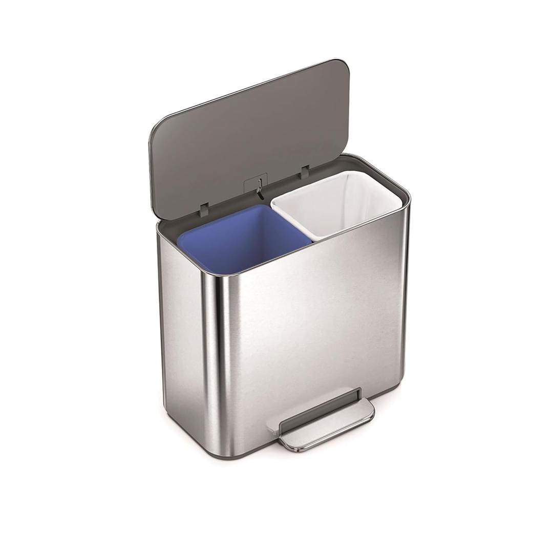 simplehuman Mini Step Recycler, 15L / 4 Gallon Dual Compartment Trash Can for Hotel, Offices, Studios & Small Spaces, 150,000-Step Strong Steel Pedal, Lid Shox Technology, Brushed Stainless Steel