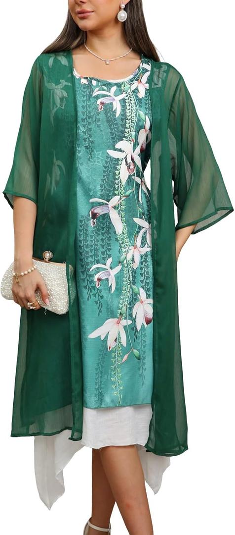 Honwenle Women's Linen Dress 2 Piece Outfit Floral Sleeveless Loose Maxi Summer Dresses with Jacket Formal Casual (Green-floral, Large)