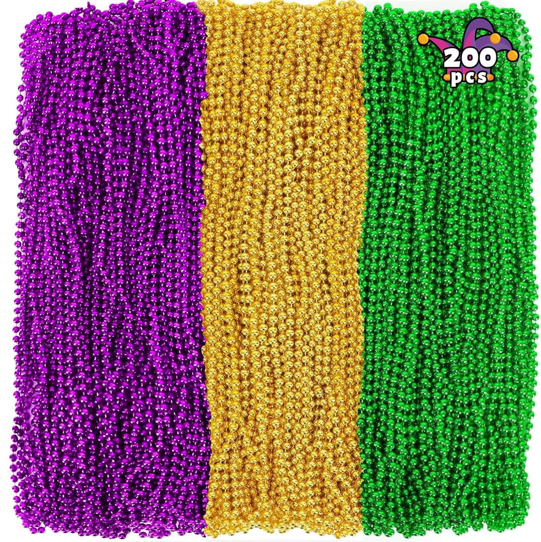 Camlinbo 200PCS Mardi Gras Beads, 33" Bead Necklace, Green Purple Gold Metallic Mardi Gras Beads Accessories Bulk for Carnival Parade Throws Party Decorations Supplies Favors