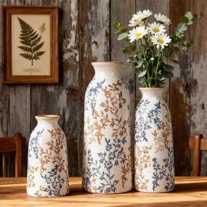 Blue & Brown Ceramic Decorative Vase Set of 3, Tuscan Rustic Pottery Vase, Farmhouse Table Pampas Grass Vases for Coffee Table Mantel Entryway Wedding Centerpiece, Vintage Floral Vases Tall 9.5in