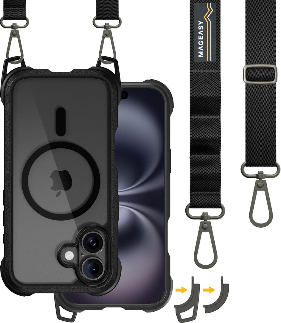 MAGEASY Designed for iPhone 16 Case with Strap - 20ft Ultimate Drop Protection Compatible with MagSafe, Transformable Protective & Lanyard Case, Vegan Leather Frame | Odyssey Strap M (Leather Black)