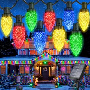 iBaycon Solar C9 Christmas Lights Outdoor, 65FT 100LED C9 Strawberry String Light, 8 Modes Solar Powered Lights String for Xmas Tree House Eaves Roof Christmas Holiday Decorations