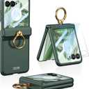 for Motorola Razr Plus 2024 Case with Built-in Front Screen Protector and Ring Kickstand & Magnetic Hinge Protection, Hard PC Slim Shockproof Protective Cover for Motorola Razr+ 2024(Green)