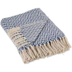 DII Modern Zig Zag Throw Blanket Woven Cotton, Hand-Knotted 2.5" Fringe, 50x60, French Blue