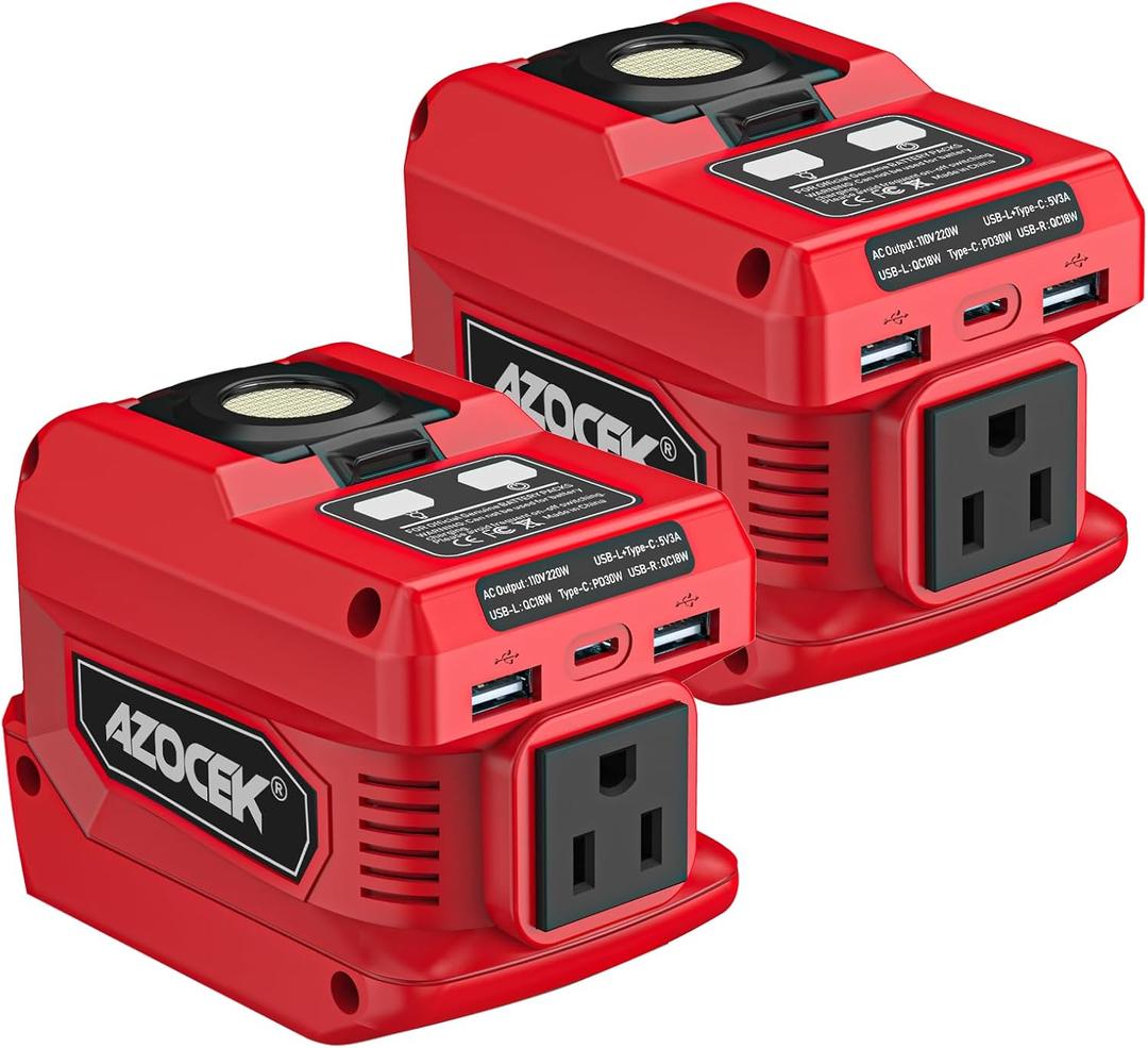 220W Azocek Power Inverter Compatible with Milwaukee 18V Battery, DC 18V to AC 110V Portable Power Station with 1 AC Outlet, 2 USB Ports & 1 Type-C Fast Charging, 400LM LED Work Light (2-Pack) (Red)