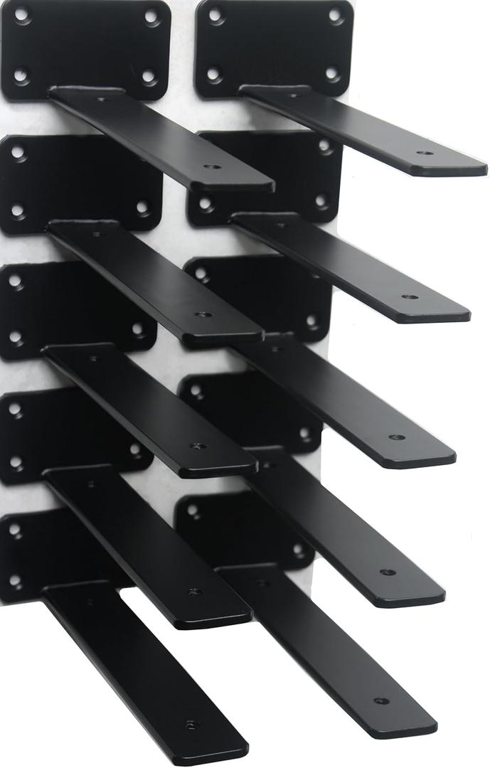 10 Pack - 8 inch Black Hidden L Shelf Bracket (1/5 Inch Thicked) Iron Floating Shelf Brackets Rustic Industrial Metal Brackets for Shelf Support